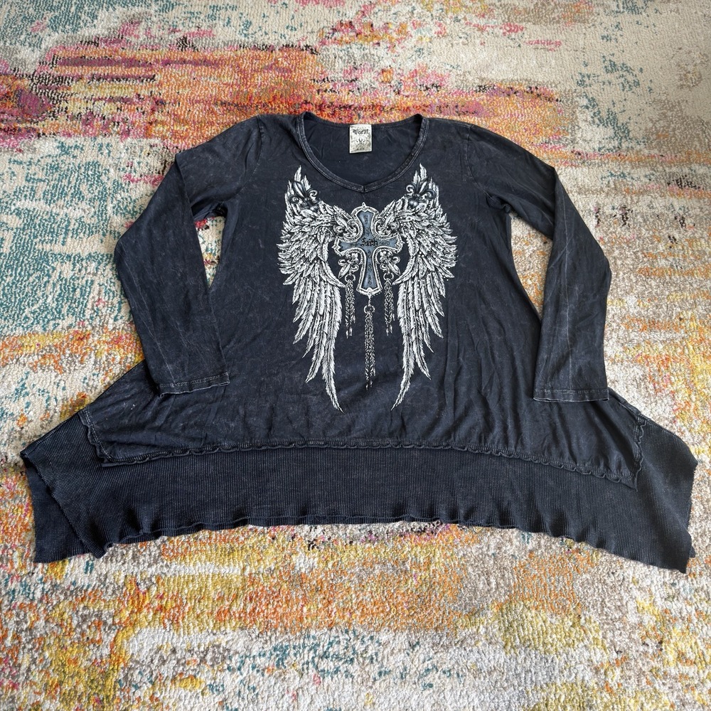 Vocal USA Womens Y2K Rhinestone Angel Wings Cross Tunic Top Shirt L